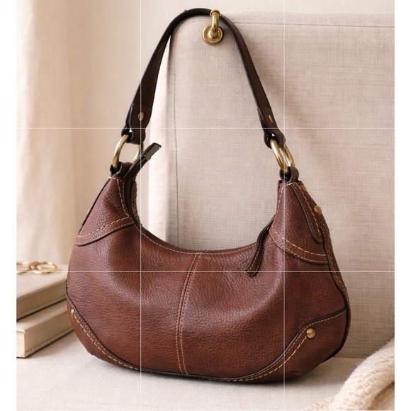 FOSSIL Chocolate Brown Pebbled Leather Mini Hobo Shoulder Bag Boho - Picture 2 of 15